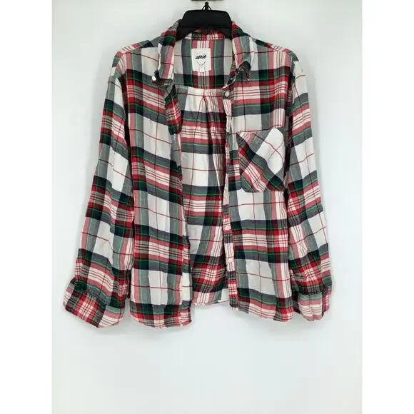 Aerie Women's XL White Green Off Duty Plaid Flannel Pajama Shirt Lounge I31-1 - Picture 2 of 8